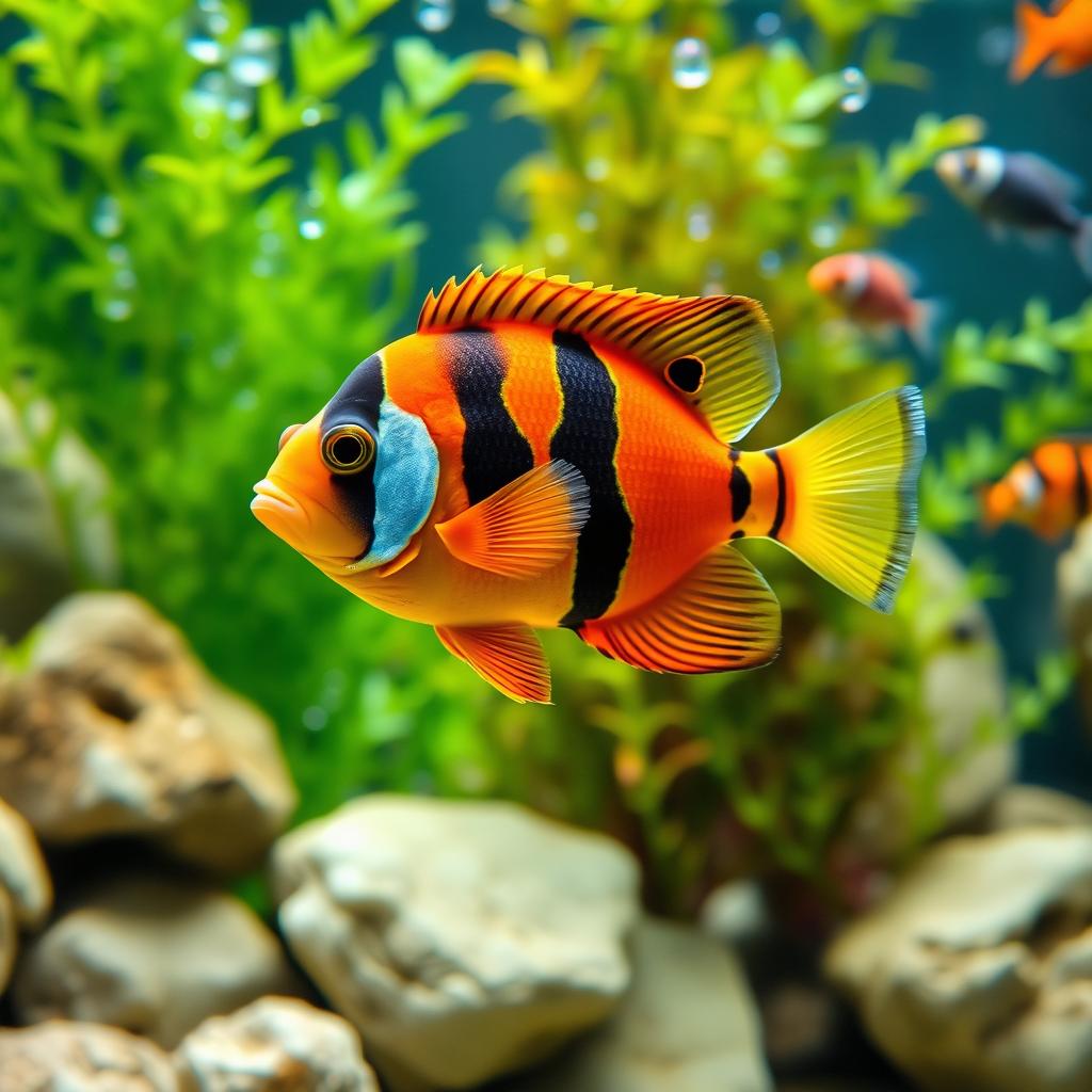 A vibrant and colorful Oscar fish swimming gracefully in an aquarium setting, surrounded by lush aquatic plants and soft rocks