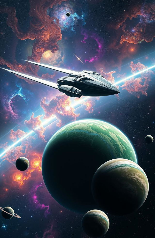 A stunning space scene showcasing a breathtaking view of distant galaxies, colorful nebulae, and a futuristic spaceship soaring through the cosmos