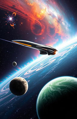 A stunning space scene showcasing a breathtaking view of distant galaxies, colorful nebulae, and a futuristic spaceship soaring through the cosmos