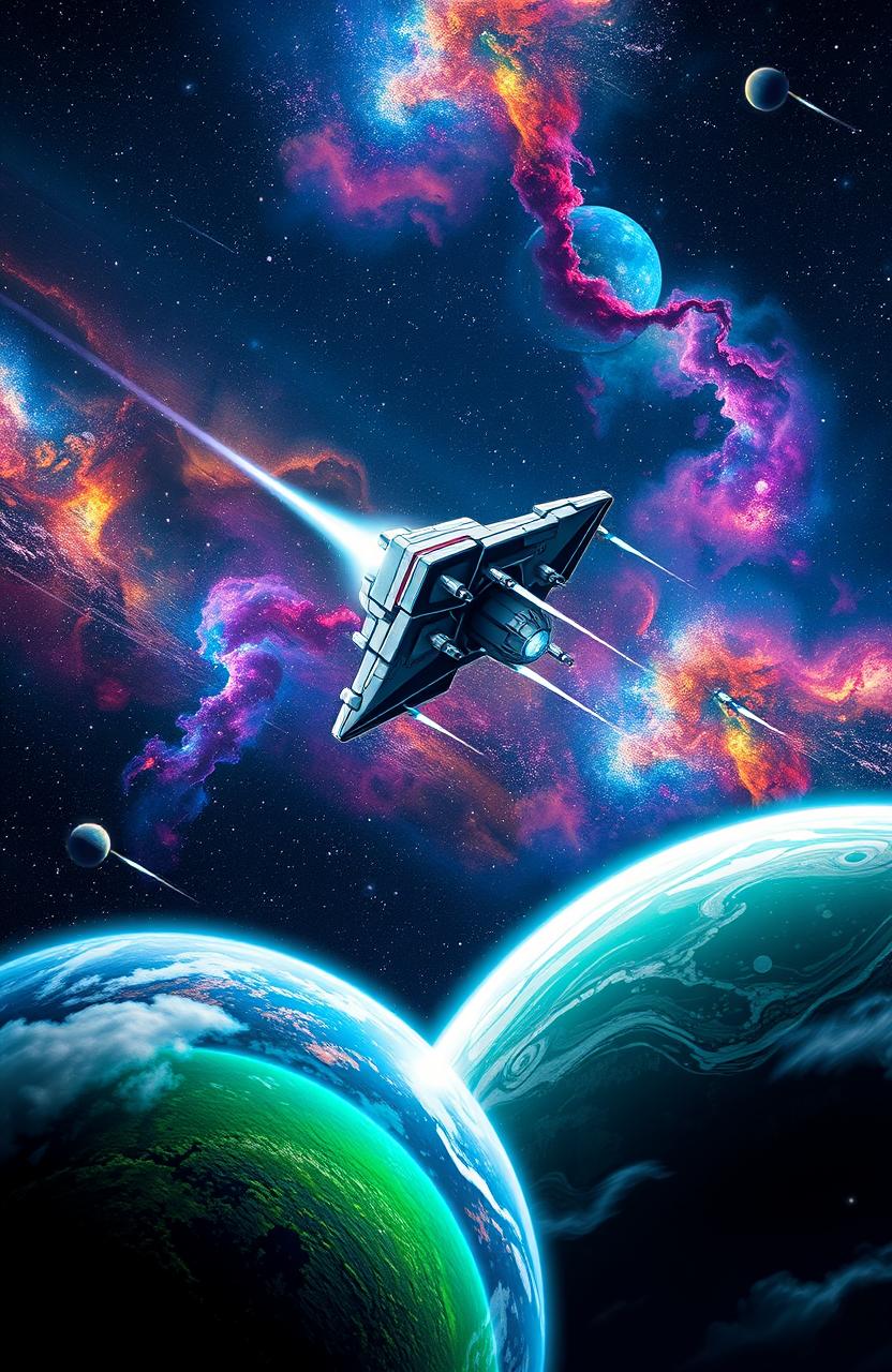 A stunning space scene showcasing a breathtaking view of distant galaxies, colorful nebulae, and a futuristic spaceship soaring through the cosmos