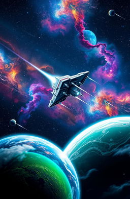 A stunning space scene showcasing a breathtaking view of distant galaxies, colorful nebulae, and a futuristic spaceship soaring through the cosmos