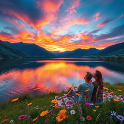 A stunning landscape featuring a breathtaking sunset over a serene lake, surrounded by lush green mountains