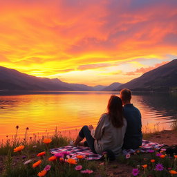 A stunning landscape featuring a breathtaking sunset over a serene lake, surrounded by lush green mountains