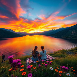 A stunning landscape featuring a breathtaking sunset over a serene lake, surrounded by lush green mountains