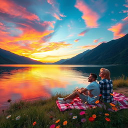 A stunning landscape featuring a breathtaking sunset over a serene lake, surrounded by lush green mountains