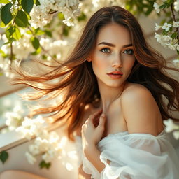 A beautiful and ethereal representation of pure beauty, showcasing a stunning model with luminous skin and captivating features