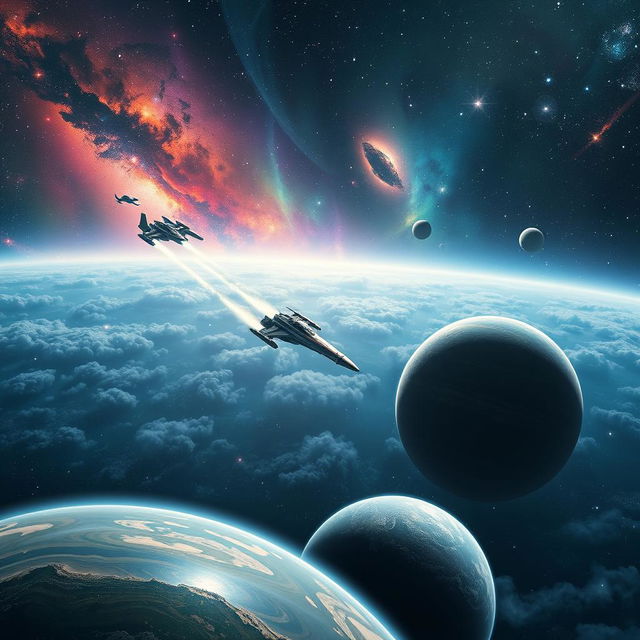 A stunning space scene inspired by 'Ad Astra', featuring a breathtaking view of distant galaxies, colorful nebulae, and a futuristic spacecraft soaring through the cosmos