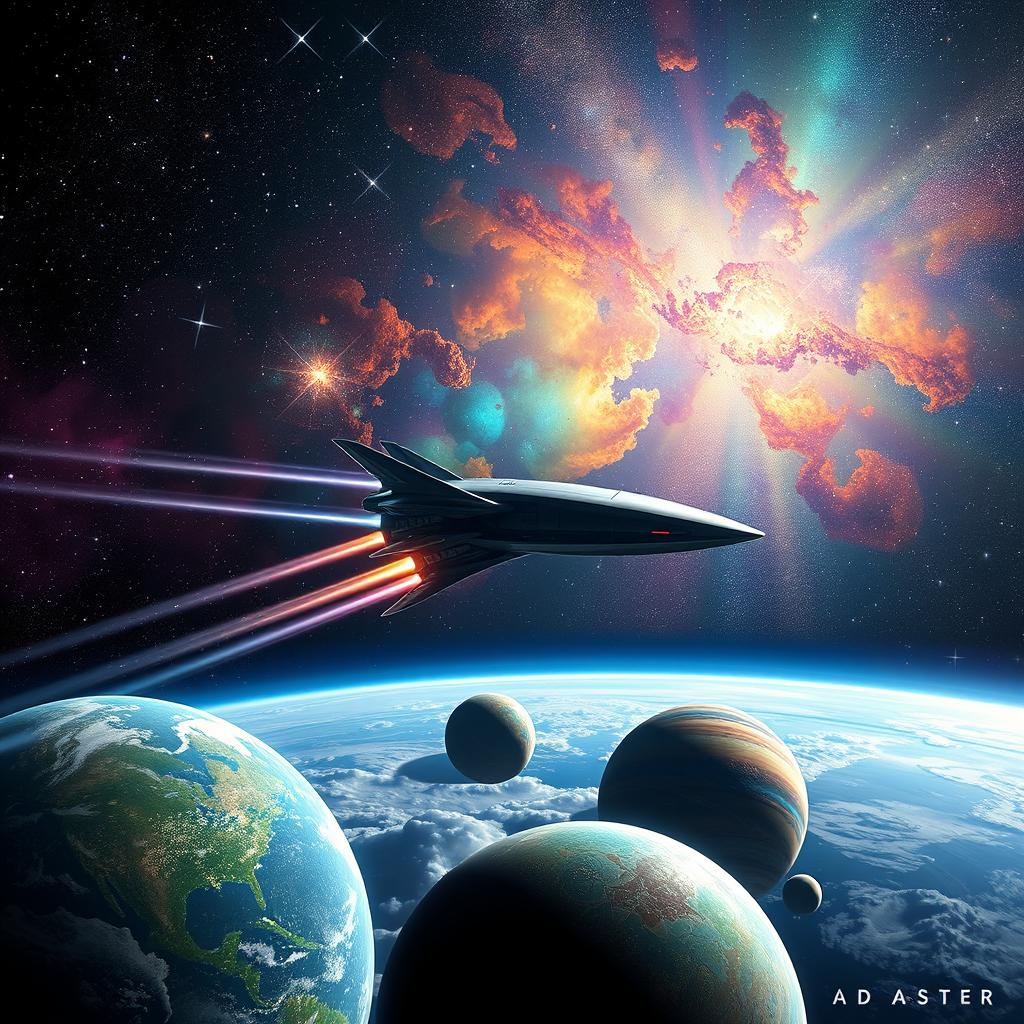 A stunning space scene inspired by 'Ad Astra', featuring a breathtaking view of distant galaxies, colorful nebulae, and a futuristic spacecraft soaring through the cosmos