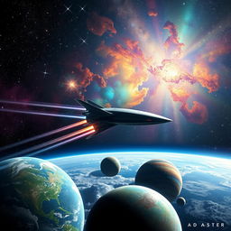 A stunning space scene inspired by 'Ad Astra', featuring a breathtaking view of distant galaxies, colorful nebulae, and a futuristic spacecraft soaring through the cosmos