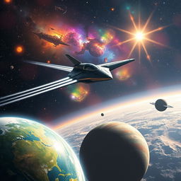 A stunning space scene inspired by 'Ad Astra', featuring a breathtaking view of distant galaxies, colorful nebulae, and a futuristic spacecraft soaring through the cosmos