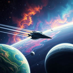 A stunning space scene inspired by 'Ad Astra', featuring a breathtaking view of distant galaxies, colorful nebulae, and a futuristic spacecraft soaring through the cosmos