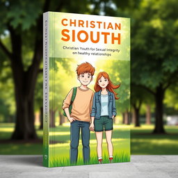 A book cover design for a Christian youth book on sexual integrity, featuring a serene and uplifting illustration of two teenagers, a boy and a girl, standing side by side in a lush green park