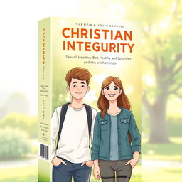 A book cover design for a Christian youth book on sexual integrity, featuring a serene and uplifting illustration of two teenagers, a boy and a girl, standing side by side in a lush green park