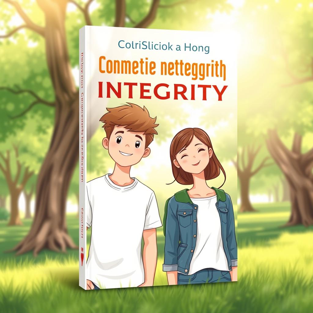 A book cover design for a Christian youth book on sexual integrity, featuring a serene and uplifting illustration of two teenagers, a boy and a girl, standing side by side in a lush green park