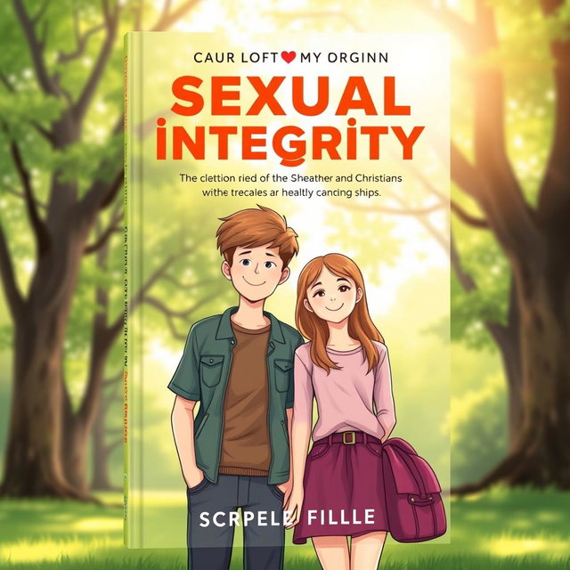 A book cover design for a Christian youth book on sexual integrity, featuring a serene and uplifting illustration of two teenagers, a boy and a girl, standing side by side in a lush green park