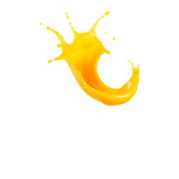A dynamic curve of mango juice splashing in mid-air, showcasing vibrant, rich yellow-orange hues of the juice contrasting beautifully against a pure white background