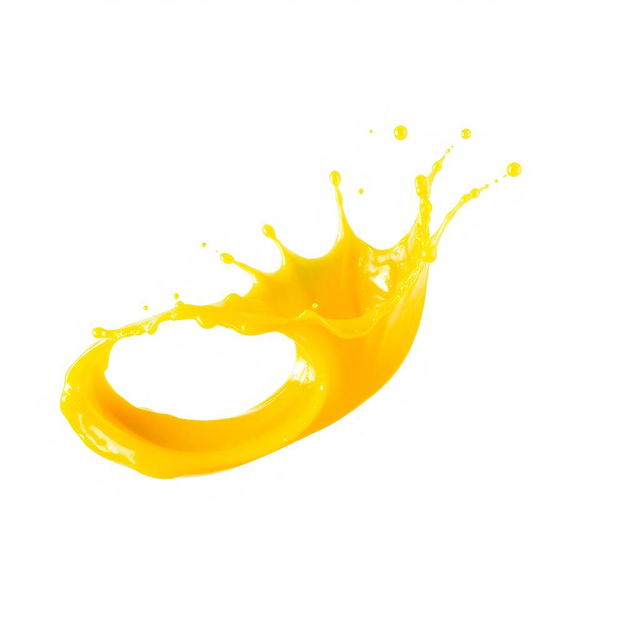 A dynamic curve of mango juice splashing in mid-air, showcasing vibrant, rich yellow-orange hues of the juice contrasting beautifully against a pure white background