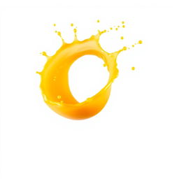 A dynamic curve of mango juice splashing in mid-air, showcasing vibrant, rich yellow-orange hues of the juice contrasting beautifully against a pure white background