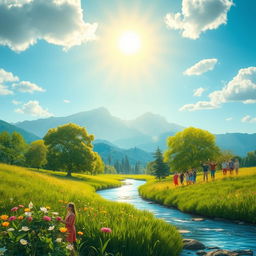 A deep exploration of the concept of beauty, depicted through a serene landscape with lush greenery and blooming flowers