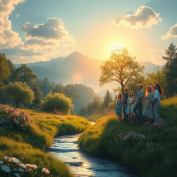 A deep exploration of the concept of beauty, depicted through a serene landscape with lush greenery and blooming flowers