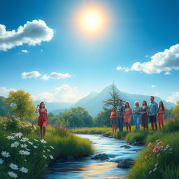 A deep exploration of the concept of beauty, depicted through a serene landscape with lush greenery and blooming flowers