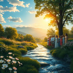 A deep exploration of the concept of beauty, depicted through a serene landscape with lush greenery and blooming flowers