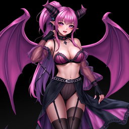 A realistic and alluring gothic anime succubus girl with wings, horns, and a tail, exuding a dominant presence