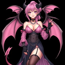 A realistic and alluring gothic anime succubus girl with wings, horns, and a tail, exuding a dominant presence