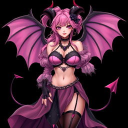 A realistic and alluring gothic anime succubus girl with wings, horns, and a tail, exuding a dominant presence
