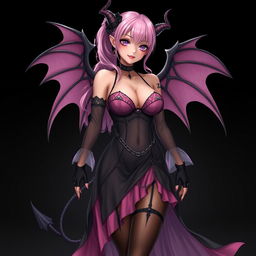 A realistic and alluring gothic anime succubus girl with wings, horns, and a tail, exuding a dominant presence