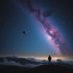 A breathtaking cosmic scene depicting an endless starry sky filled with twinkling stars, vibrant nebulas in shades of blue and purple, and distant galaxies