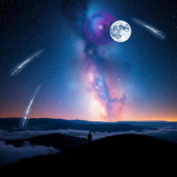 A breathtaking cosmic scene depicting an endless starry sky filled with twinkling stars, vibrant nebulas in shades of blue and purple, and distant galaxies