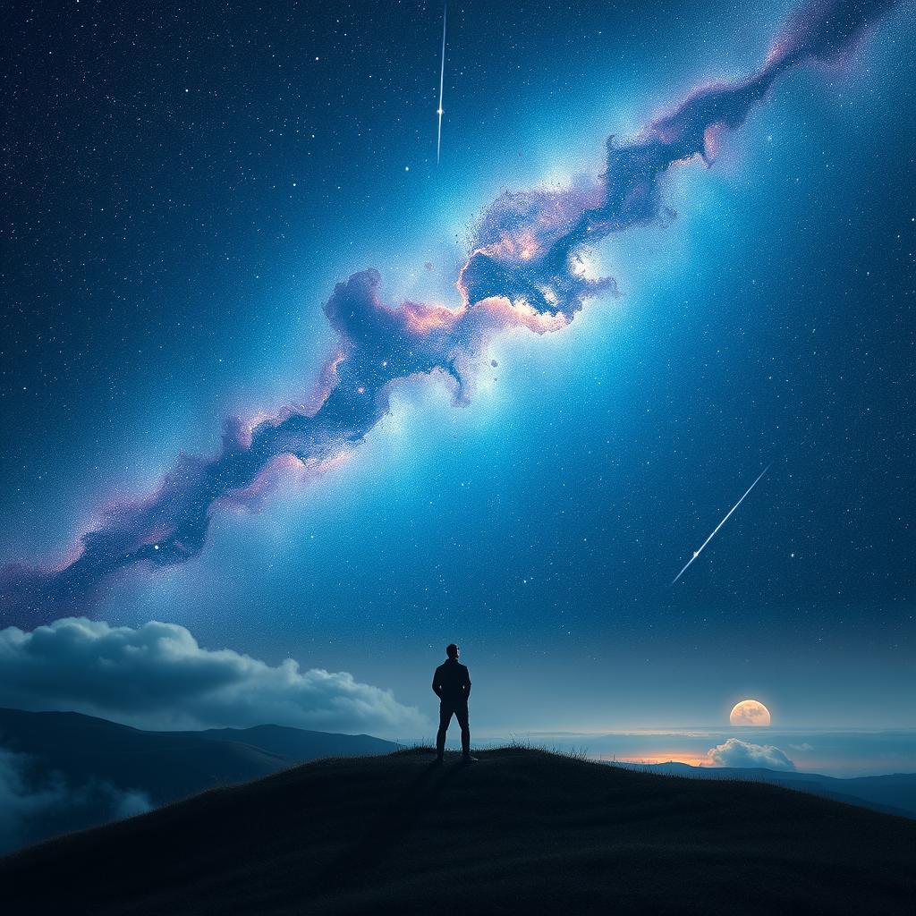 A breathtaking cosmic scene depicting an endless starry sky filled with twinkling stars, vibrant nebulas in shades of blue and purple, and distant galaxies