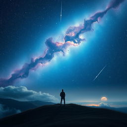 A breathtaking cosmic scene depicting an endless starry sky filled with twinkling stars, vibrant nebulas in shades of blue and purple, and distant galaxies