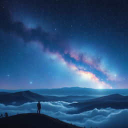 A breathtaking cosmic scene depicting an endless starry sky filled with twinkling stars, vibrant nebulas in shades of blue and purple, and distant galaxies