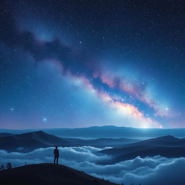 A breathtaking cosmic scene depicting an endless starry sky filled with twinkling stars, vibrant nebulas in shades of blue and purple, and distant galaxies