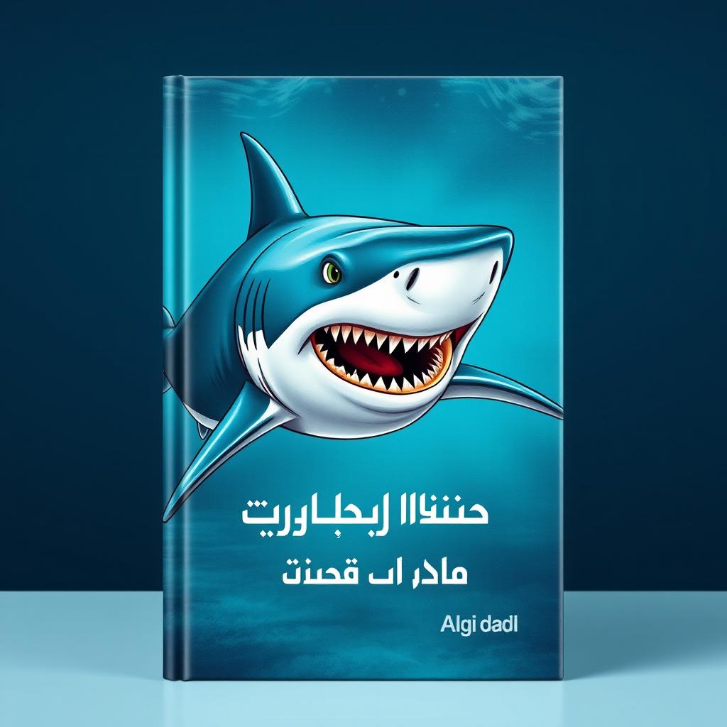 A hypothetical book cover design featuring an illustration of a fierce-looking shark, prominently displayed on the front