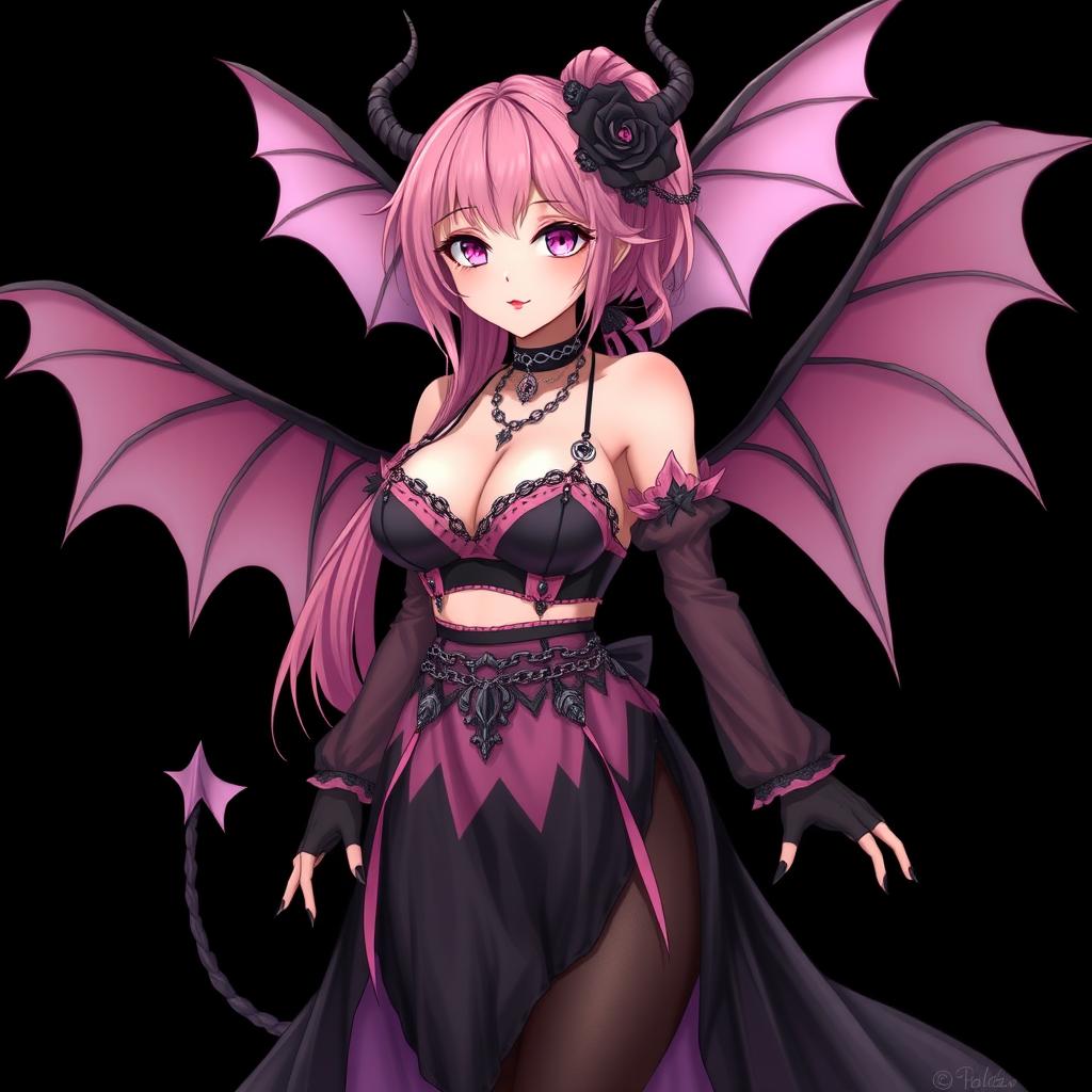 A realistic and enchanting gothic anime succubus girl with delicate wings, thin horns, and a charming tail