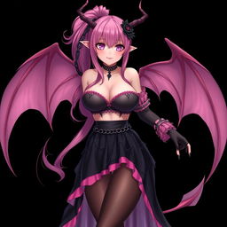 A realistic and enchanting gothic anime succubus girl with delicate wings, thin horns, and a charming tail