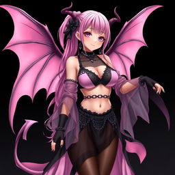 A realistic and enchanting gothic anime succubus girl with delicate wings, thin horns, and a charming tail