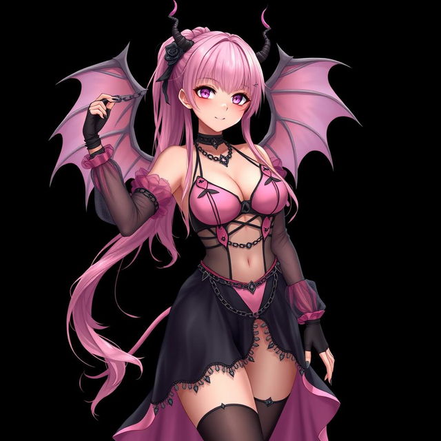 A realistic and enchanting gothic anime succubus girl with delicate wings, thin horns, and a charming tail