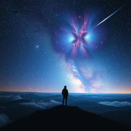 A breathtaking cosmic scene depicting an endless starry sky filled with twinkling stars, vibrant nebulas in shades of blue and purple, and distant galaxies
