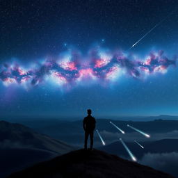 A breathtaking cosmic scene depicting an endless starry sky filled with twinkling stars, vibrant nebulas in shades of blue and purple, and distant galaxies