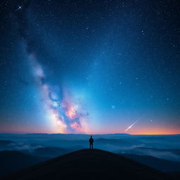 A breathtaking cosmic scene depicting an endless starry sky filled with twinkling stars, vibrant nebulas in shades of blue and purple, and distant galaxies