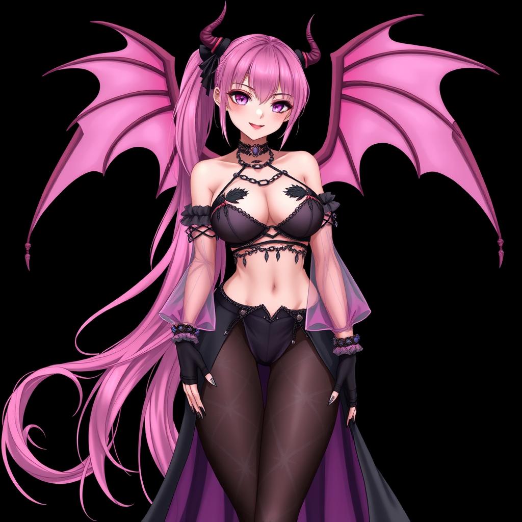 A realistic and sexy dominant gothic anime succubus girl with elegantly detailed wings, thin horns, and a playful tail