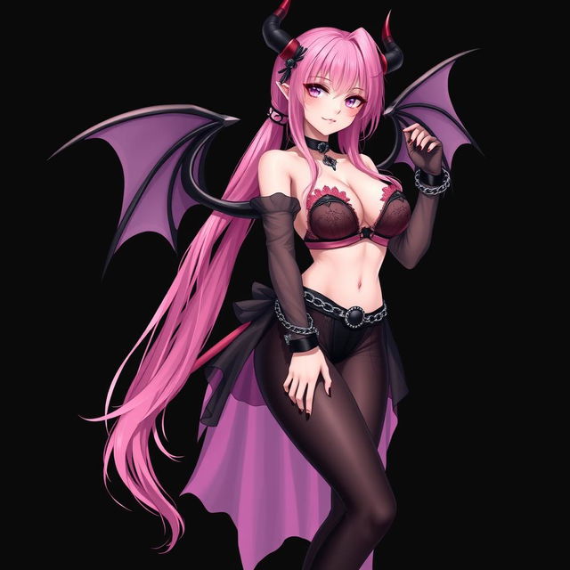 A realistic and sexy dominant gothic anime succubus girl with elegantly detailed wings, thin horns, and a playful tail