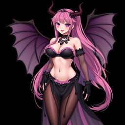 A realistic and sexy dominant gothic anime succubus girl with elegantly detailed wings, thin horns, and a playful tail