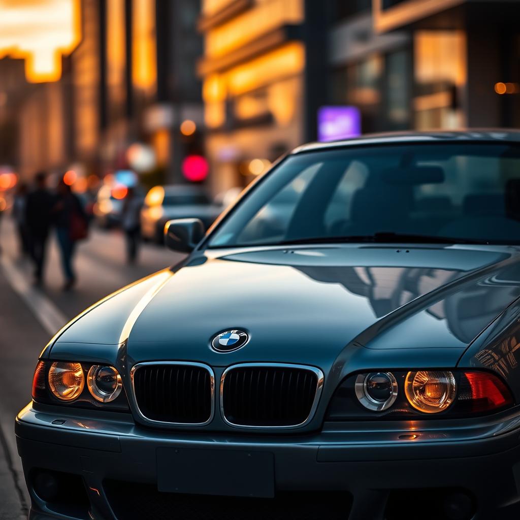A stunning BMW E39 showcased in a dynamic urban setting, featuring the iconic blue and white BMW logo, sleek lines, and the car's characteristic detailed front grille