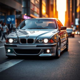 A stunning BMW E39 showcased in a dynamic urban setting, featuring the iconic blue and white BMW logo, sleek lines, and the car's characteristic detailed front grille