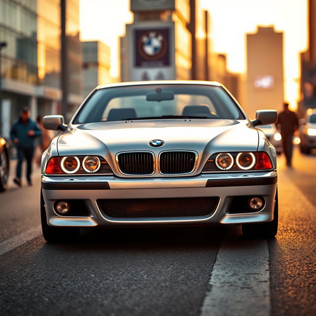 A stunning BMW E39 showcased in a dynamic urban setting, featuring the iconic blue and white BMW logo, sleek lines, and the car's characteristic detailed front grille
